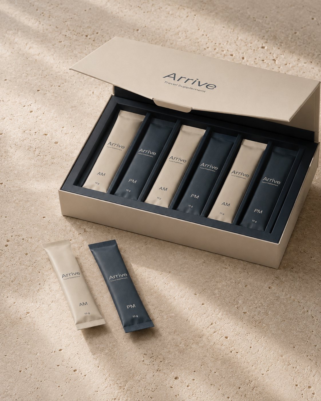 Arrive travel supplement box open, showing alternating AM and PM sticks
