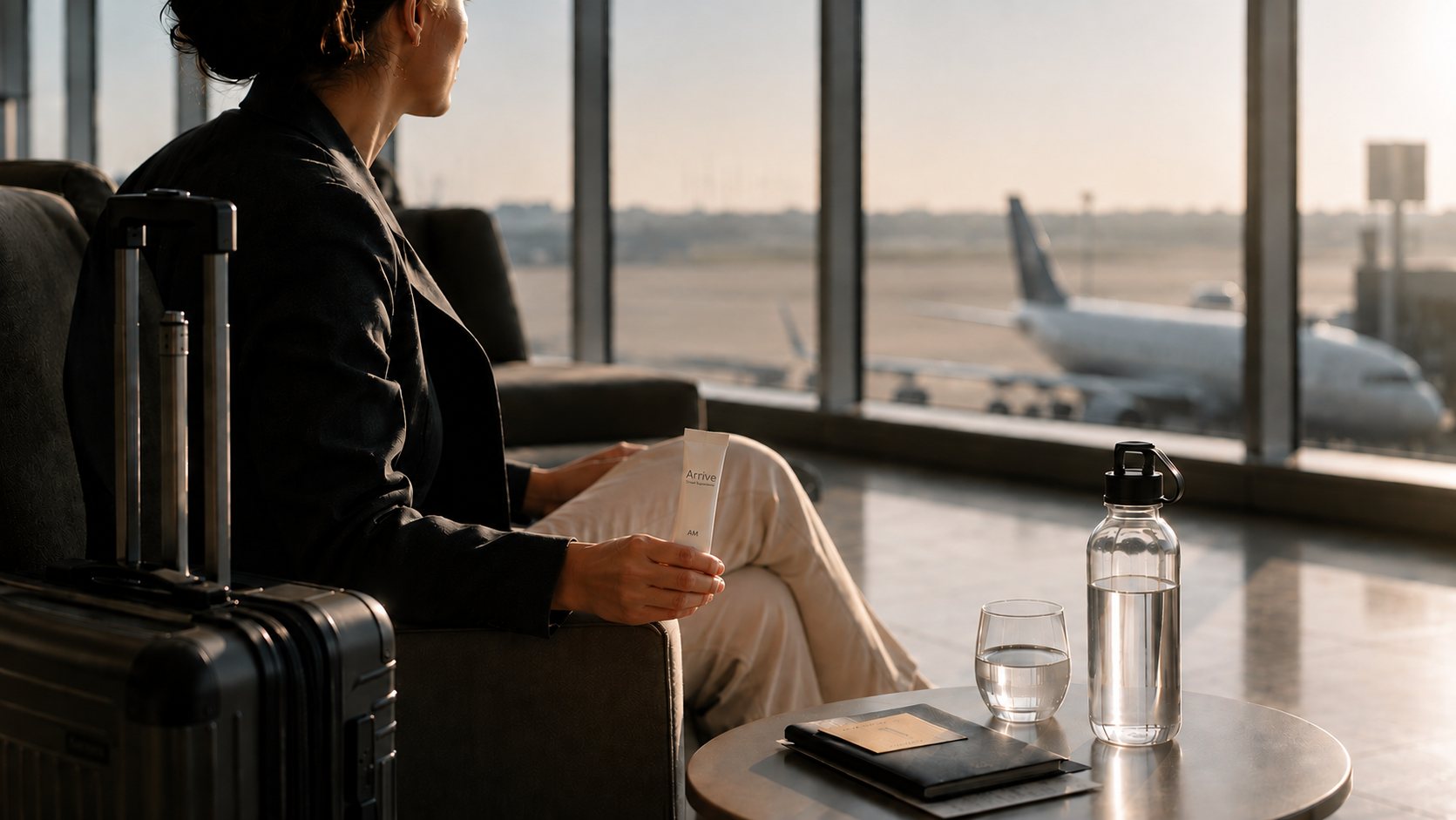 A traveller in an airport lounge at golden hour, holding an Arrive AM stick