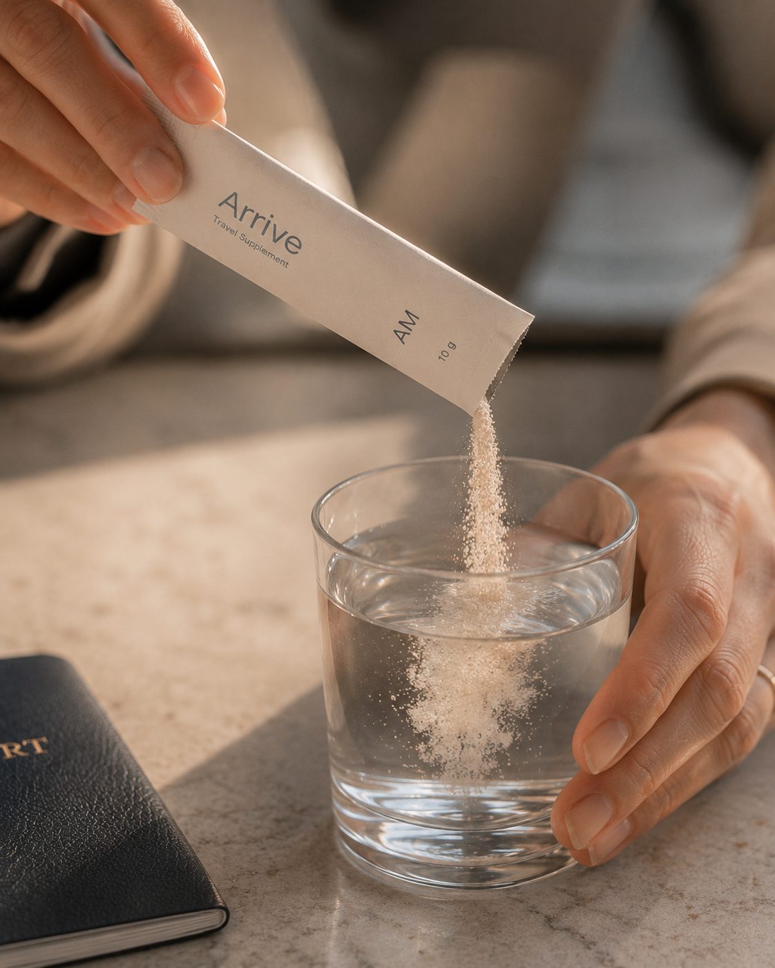 An Arrive AM stick being poured into a glass of water