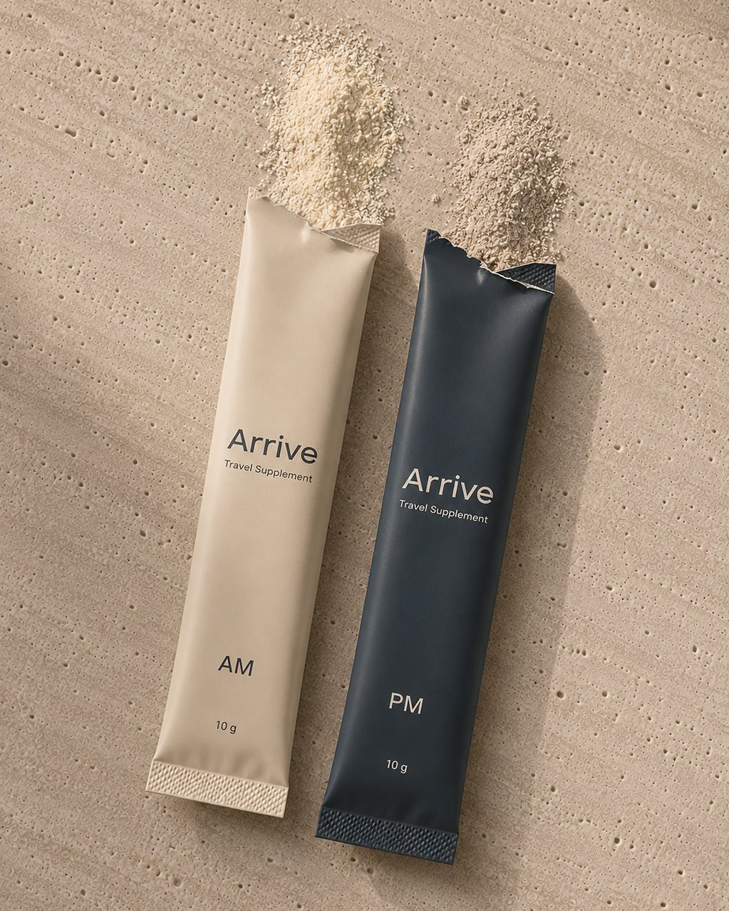 Arrive AM and PM sticks torn open on travertine stone, each with its own powder tipped out beside it